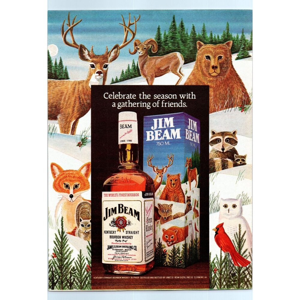 1981 Jim Beam Bourbon Christmas Vintage Print Ad Wildlife Deer Bear Owl Wall Art